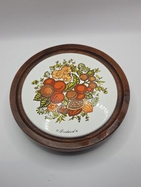 Goodwood Ceramic Fruit Tile Wooden Trivet - Orange Brown Vintage